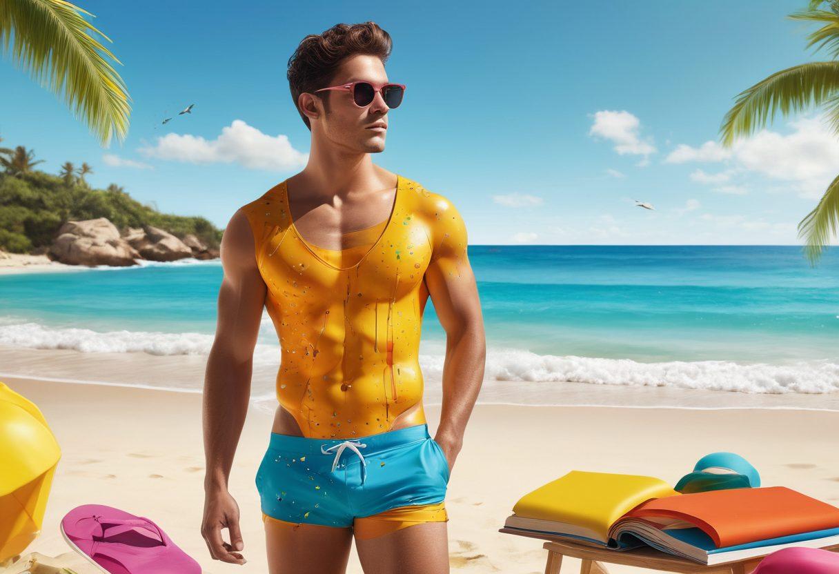 A stylish individual standing confidently in a vibrant, personalized swimwear collection, surrounded by elements that symbolize self-discovery, like open books and colorful paint splashes representing personality traits. The background features a sunny beach scene, complimenting a playful yet sophisticated vibe. Playful color palette with a touch of elegance. super-realistic. vibrant colors. 3D.